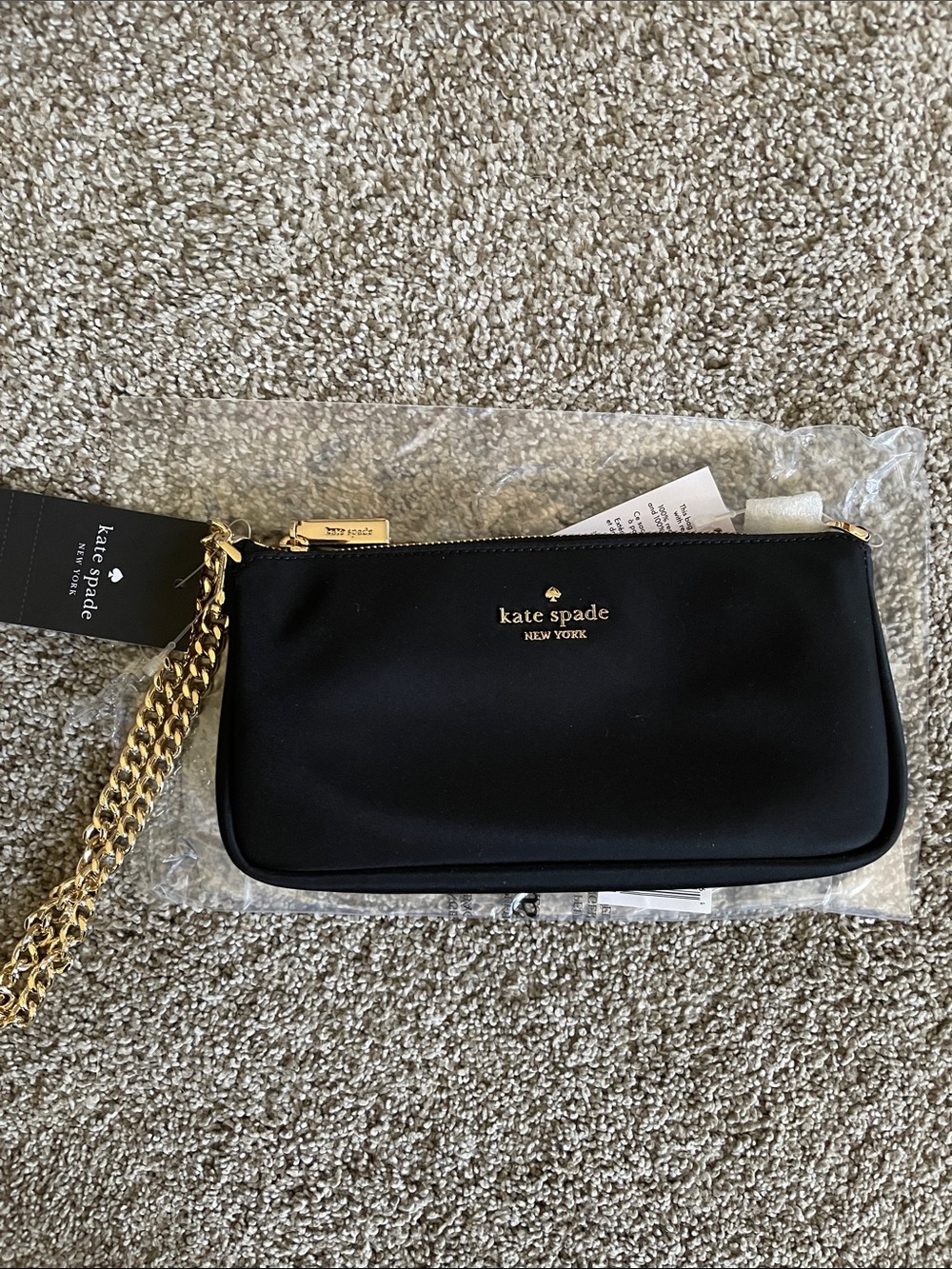 NWT Kate Spade Wristlet Black Nylon Convertible gold chain strap